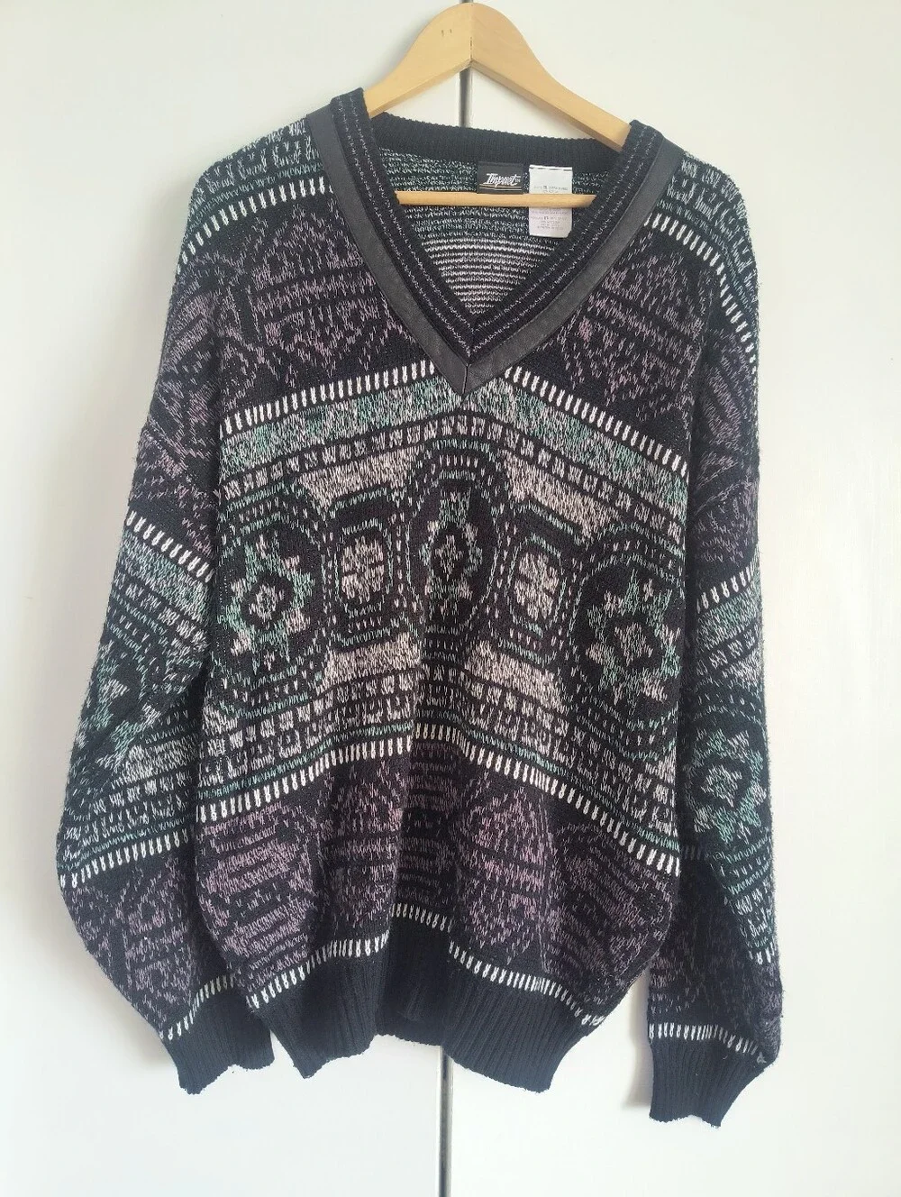 Vintage Impact Grandpa Sweater V Neck with Faux Leather Accent XL Coogi Style